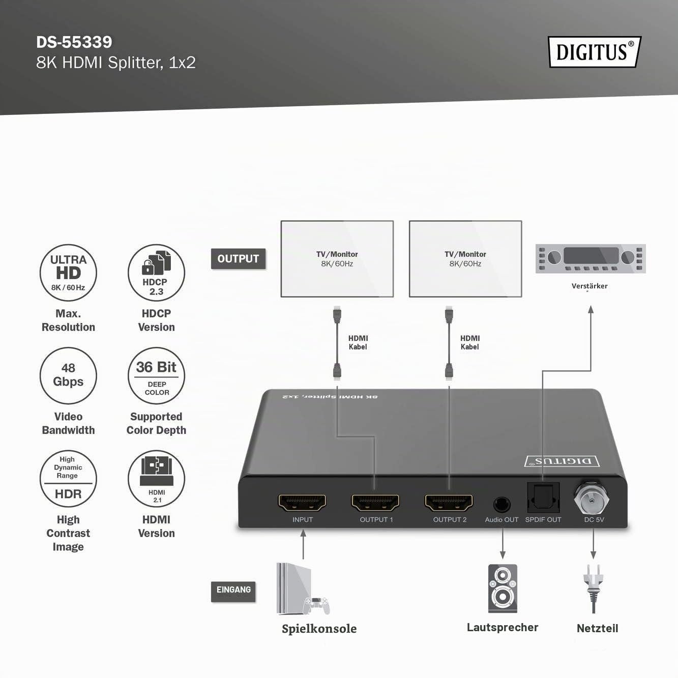 DIGITUS HDMI Splitter 1x2 – Eingang 1-Port Ausgang 2-Port – UHD 8K 60Hz