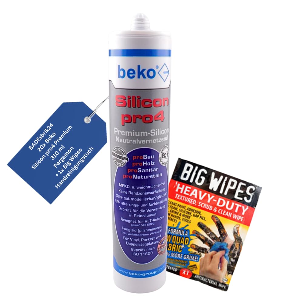 Beko Silicon pro4 Premium 310 ml + Big Wipes – Profi-Silikon für Bad, Küche & Bau – Schimmelresistent, haftstark, UV-beständig (Pergamon, 20)