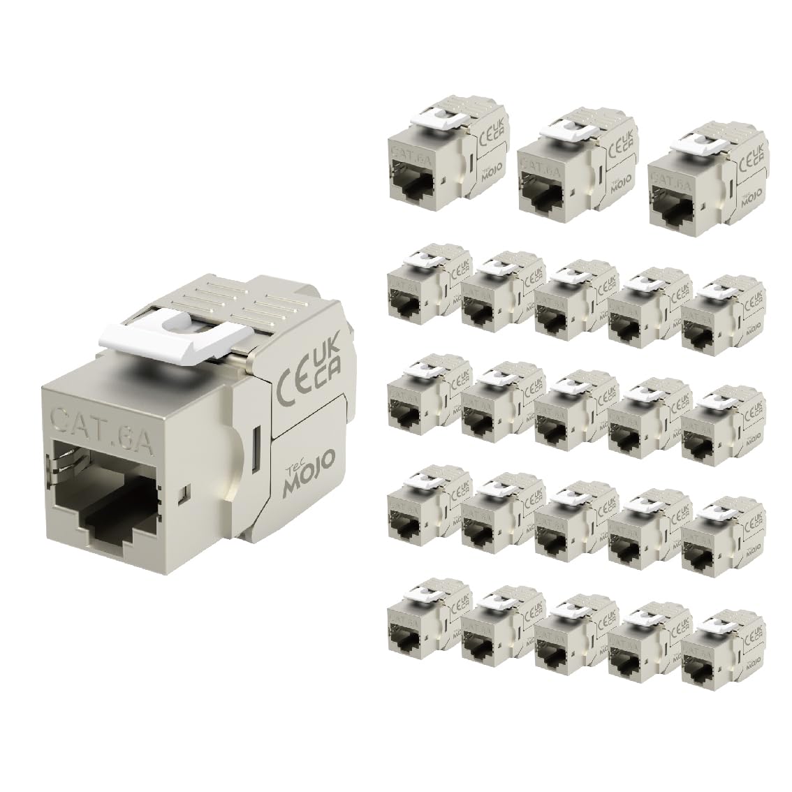 Tecmojo 24× CAT6A STP ekranowany Moduł Keystone RJ45, 10 Gigabit, AWG 22-24, beznarzędziowe gniazdo montażowe do kabla LAN, panelu krosowego i gniazda sieciowego, 24 sztuki, Srebrny