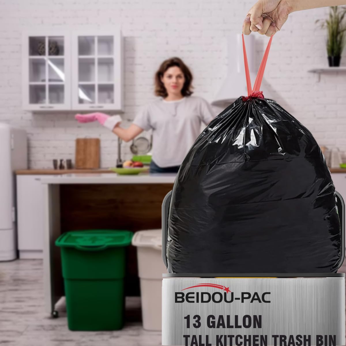 BEIDOU-PAC Bolsas de basura de 13 galones con cordón, 50 unidades a granel, bolsas de basura negras y sin perfume, bolsas de basura altas multiusos para cocina, bolsas de basura para negocios, hogar,