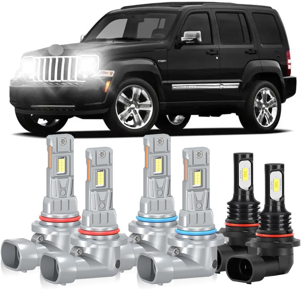 Compatible For Jeep Commander 2006-2010 Light Bulbs, 9005 HB3 9006 HB4 High Low Beam 9005 HB3 Fog Light Bulbs, Plug and Play, 20000LM 800% Brightness, 6000K White, Pack of 6