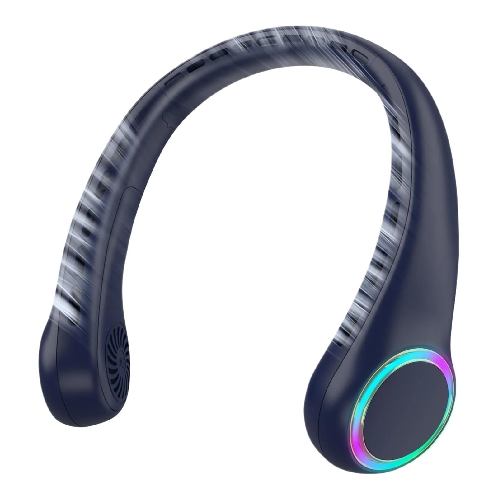 EGwvdgmb Hanging Bladeless Fan, Portable Neck Fan 4000mAh 3 Speeds 64 Lights Multicolor(Navy Blue)