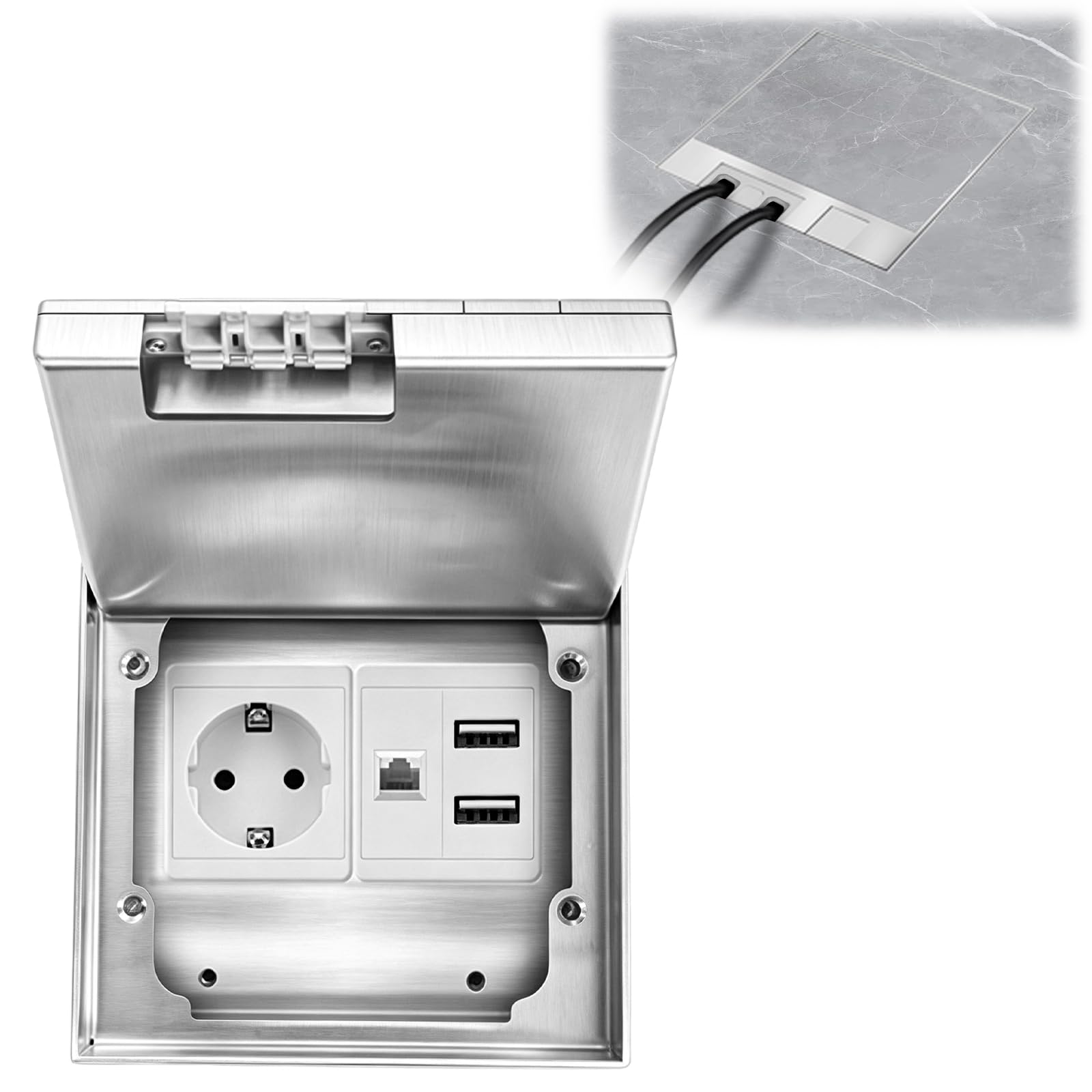 Caja de Enchufe de Suelo Toma de corriente 16A AC250V 4000W | Toma de corriente empotrable retráctil con toma de corriente de CA, LAN y 2 puertos USB para baldosas, madera y hormigón