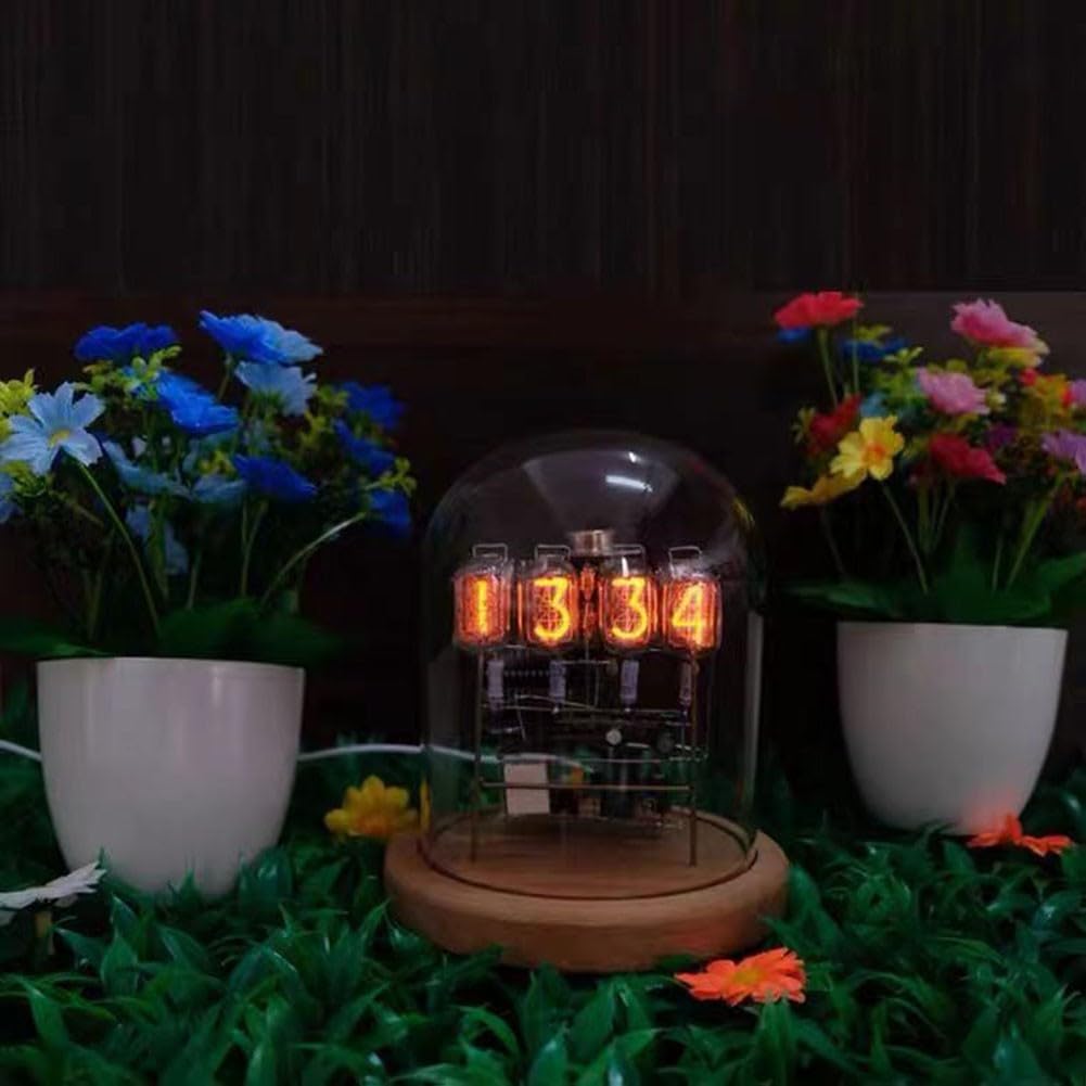 Zoegneer IN12 Nixie Kit d'horloge à tube à monter soi-même avec verre et base en bois, affichage LED de style rétro, rétroéclairage RVB 24 heures, alimenté par USB avec batterie intégrée, heure élevée