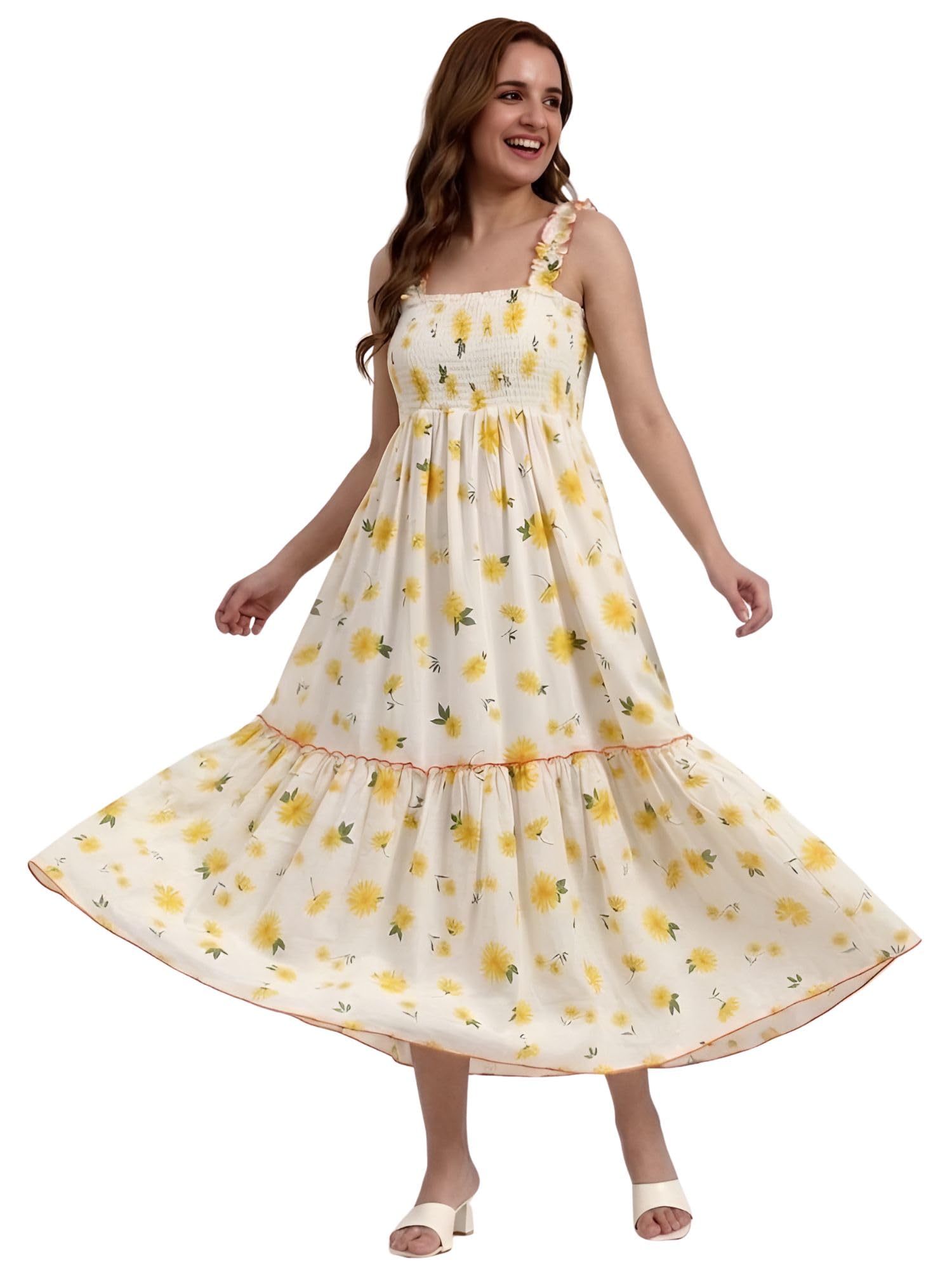 Women's Sunflower Print Ruffle Sleeve Full Length Dress-picture-23