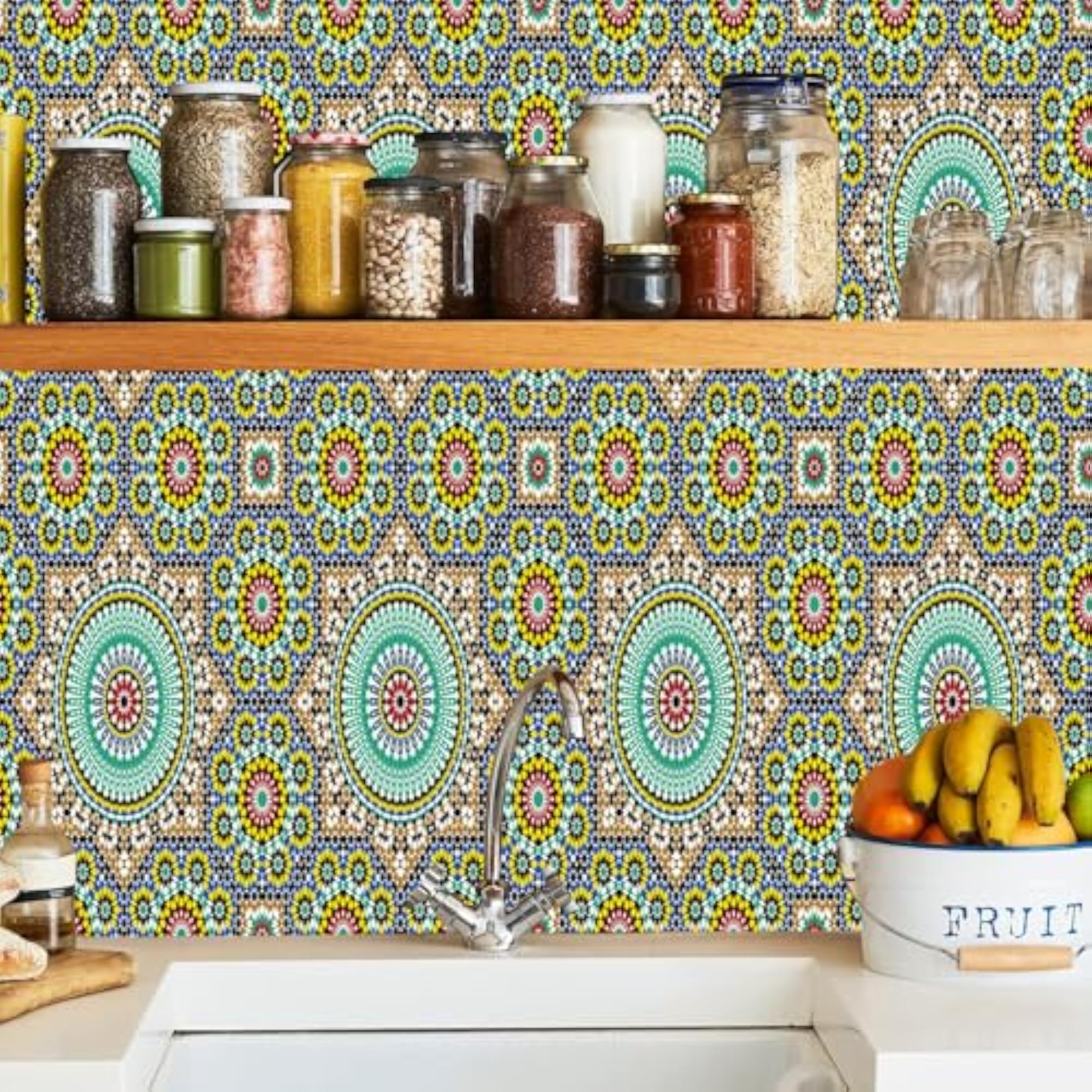 Moroccan Mosaic Mandala Pattern Wall Sticker, Multicolour, Geometric Boho Style