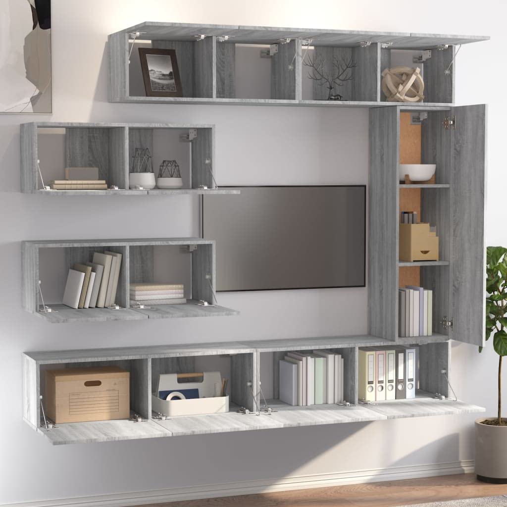 7-TLG. TV-Schrank-Set, Grau Sonoma, Holzwerkstoff, Wandmontage, Modernes Media Center für Wohnzimmer, Schlafzimmer, Viel Stauraum