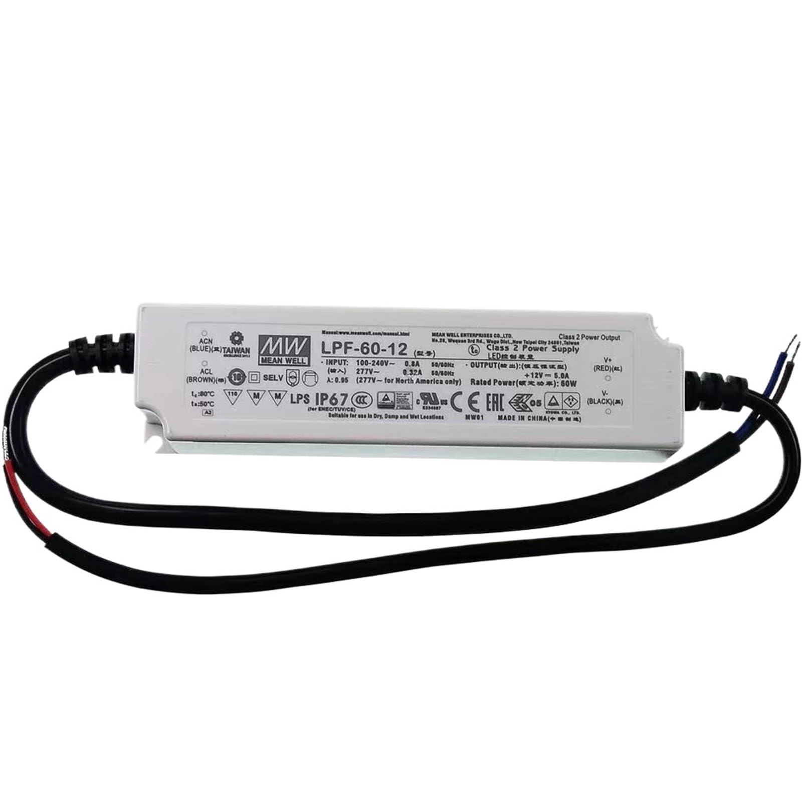 FCARUMIQP LPF-60-12 12V 5A 60W Constant Voltage+ Current LED Driver Class 2 II PFC IP67