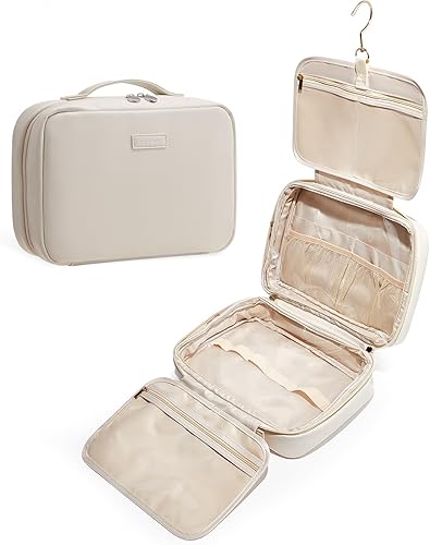 Neceser con gancho para colgar, bolsa de maquillaje de viaje de piel sintética para mujeres, organizador de maquillaje con 4 compartimentos,