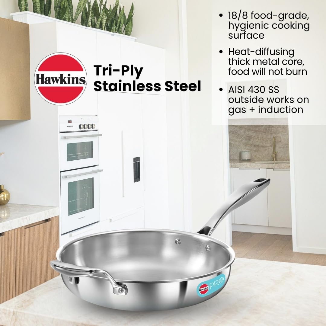 Hawkins Pro 26 cm Frying Pan, Triply Stainless Steel Fry Pan with Stainless Steel Handle, Silver (PSF26)