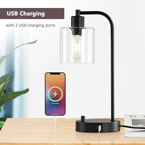 Miniatura 4 de Juego de 2 lámparas de mesa para mesita de noche, lámpara de escritorio regulable totalmente continua con puerto USB, luz de mesa negra industrial
