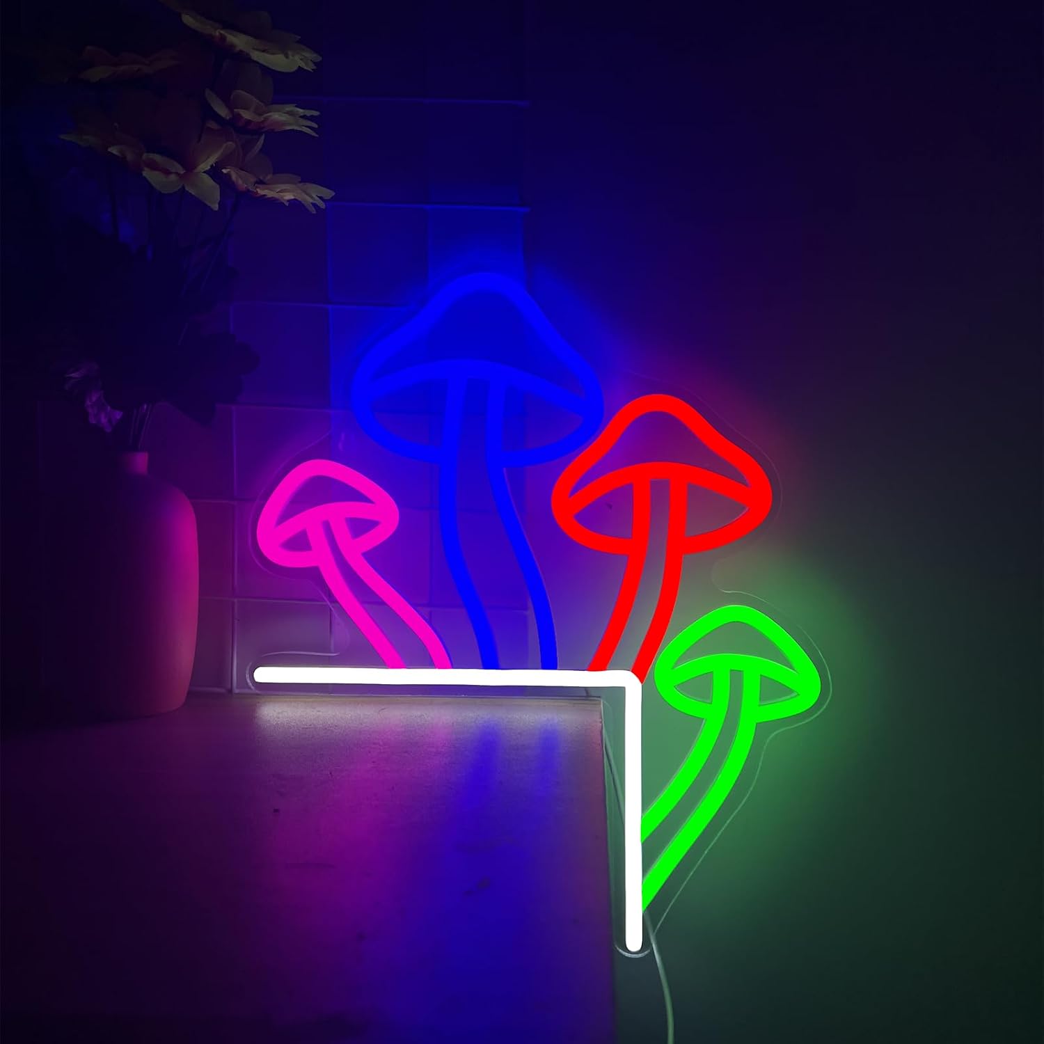 Neon Mushroom Corner Light, 4 Mushrooms Wrap Around Wall Decor, 5V USB Dimmer & Hanging Chain - Modern Night Light for Bookshelves, Bedroom, Game Room (13.4x11.4")