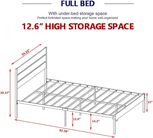 Miniatura 23 de Cama de plataforma de metal de tamaño individual con cabecera de madera, no necesita somier, fácil montaje, grano de madera negro Grano de madera