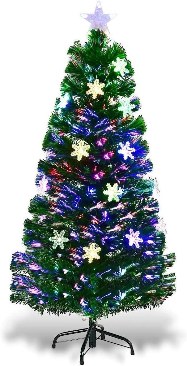 Happygrill 4FT Fiber Optic Artificial Christmas Tree, Pre-lit Xmas Tree Artificial Green Christmas Tree with Star Lights, Metal Stand, Full Xmas Tree for Holiday Decoration
