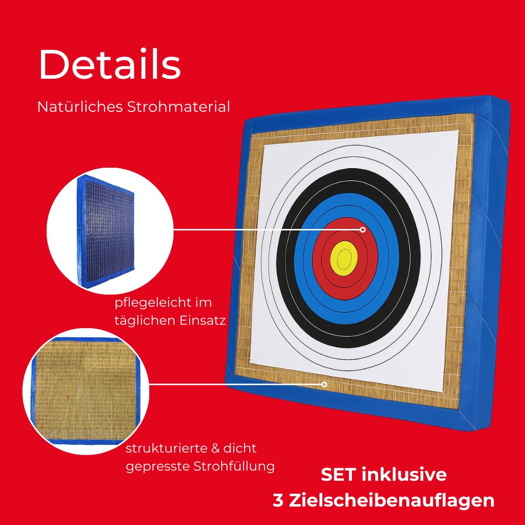 Zielscheibenmatte aus Stroh 90x90 cm | wetterfeste Bogensport Zielscheibe inkl. 3 FITA Zielauflagen, Pfeilfangmatte Schießscheibe für Recurve & Freizeitbogen