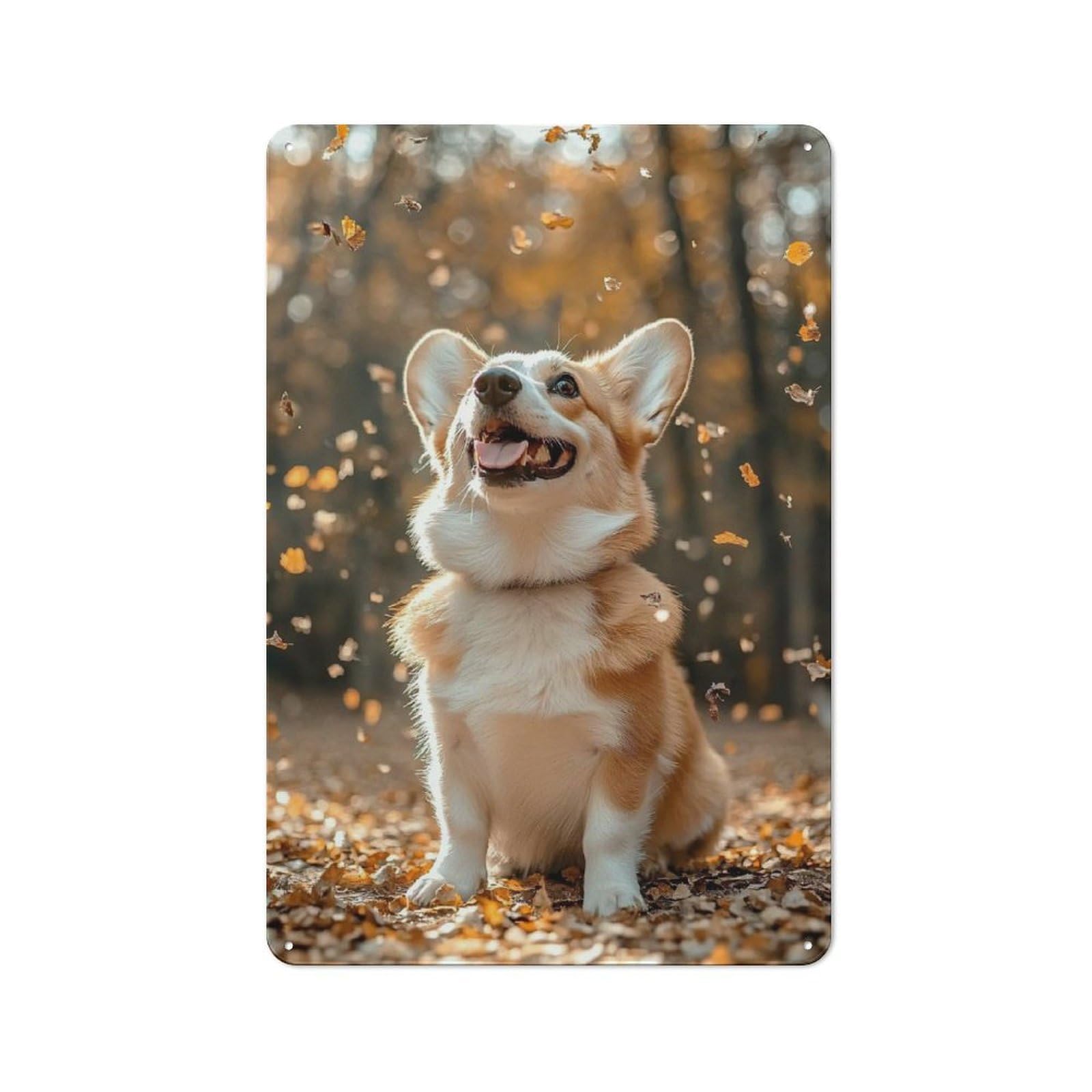Junmoney Style-9 Rustic Tin Sign 30X20cm Featuring Happy Corgi In Autumn Leaves For Garage Or Workshop, For Garage, Workshop And Man Cave Decoration