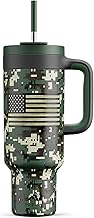 50 oz Camo Tumbler with Handle, 2-in-1 Straw and Sip Lid, Leakproof, Dishwasher Safe, Insulated Stainless Steel Travel Coffee Mug, Keeps Cold for 34 Hours, Fits in Car Cupholder (Woodland Flag)