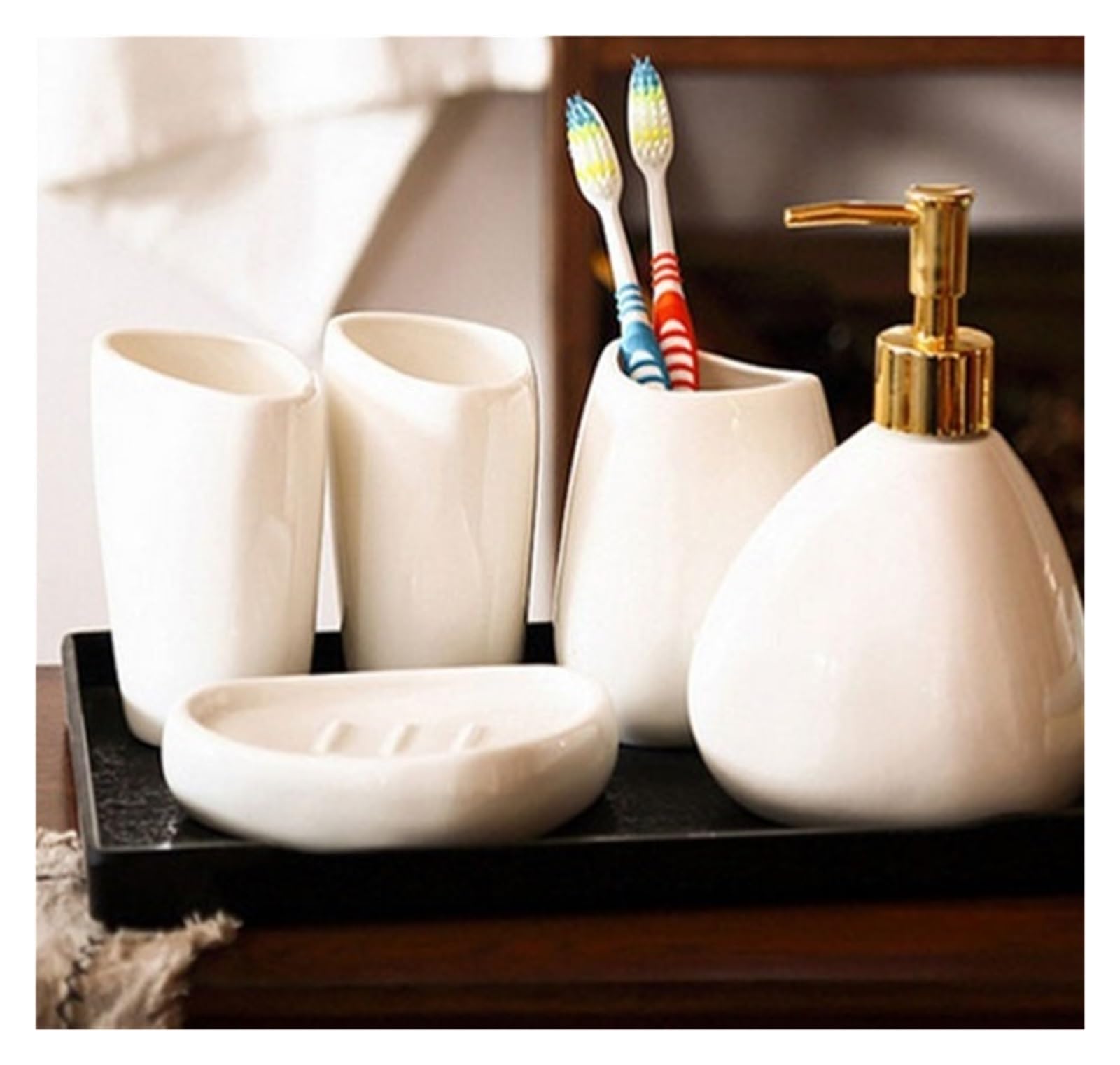 Accesorios De Baño Juego De 5 Accesorios De Baño De Cerámica Que Incluye Soporte para Cepillo De Dientes Y Vaso Set De Baño Accesorios(Gold)
