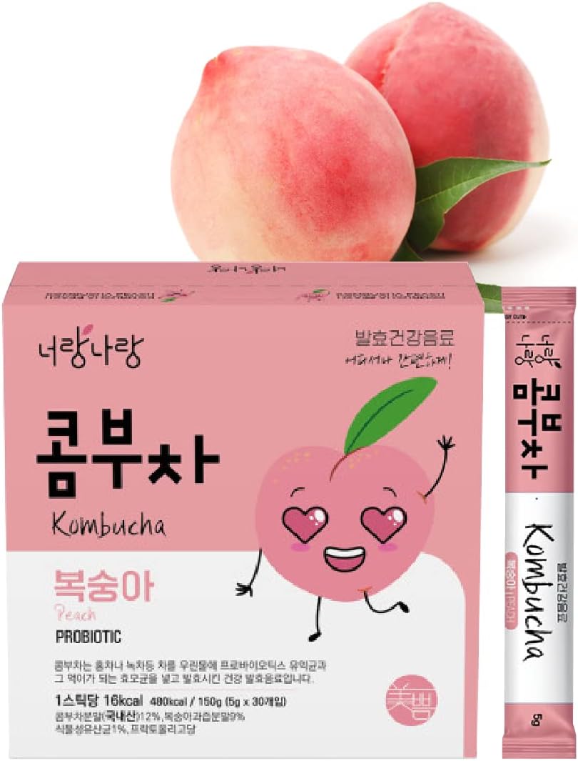 [ 30 Sticks, 5.3 Ounce ] Peach Kombucha Tea Sparkling Drink Contains Probiotics & Prebiotics Vitamin B Vitamin C Immunity Support Gut Health Fermented Tea [ Mippeum ]