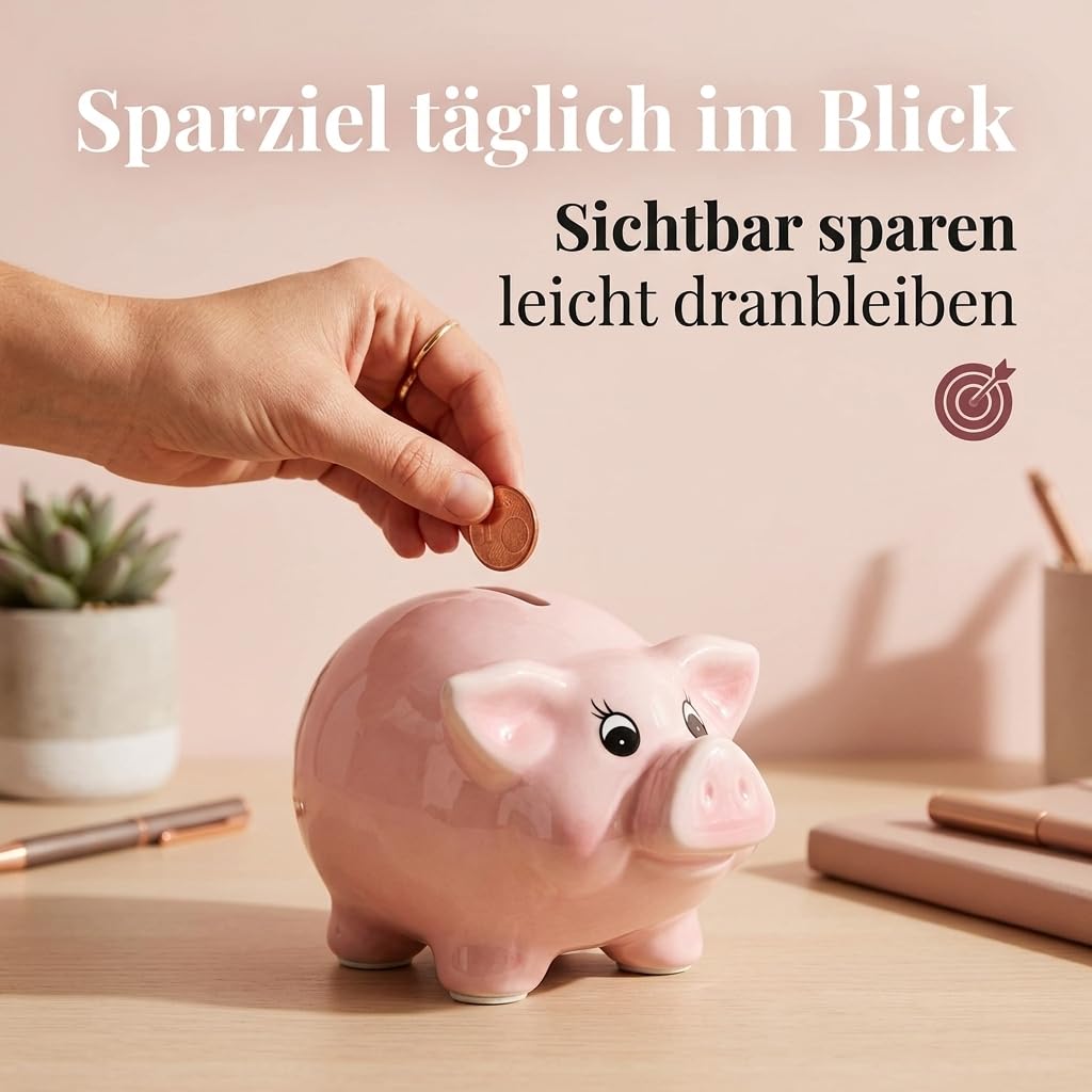 MIJOMA Keramik Sparschwein Rosa 13,5 x 8,5 cm – mit Gummistöpsel zum einfachen Entnehmen – dekorative Spardose für Erwachsene