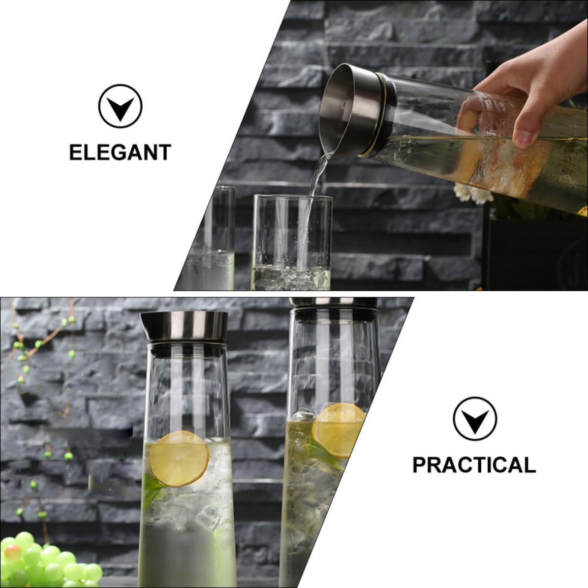 KALLORY Jarra de Vidrio a Prueba de Fugas Diseño Clásico y Elegante de 1l Tapa Inoxidable para Agua Fría para Uso en Oficina o Fiesta