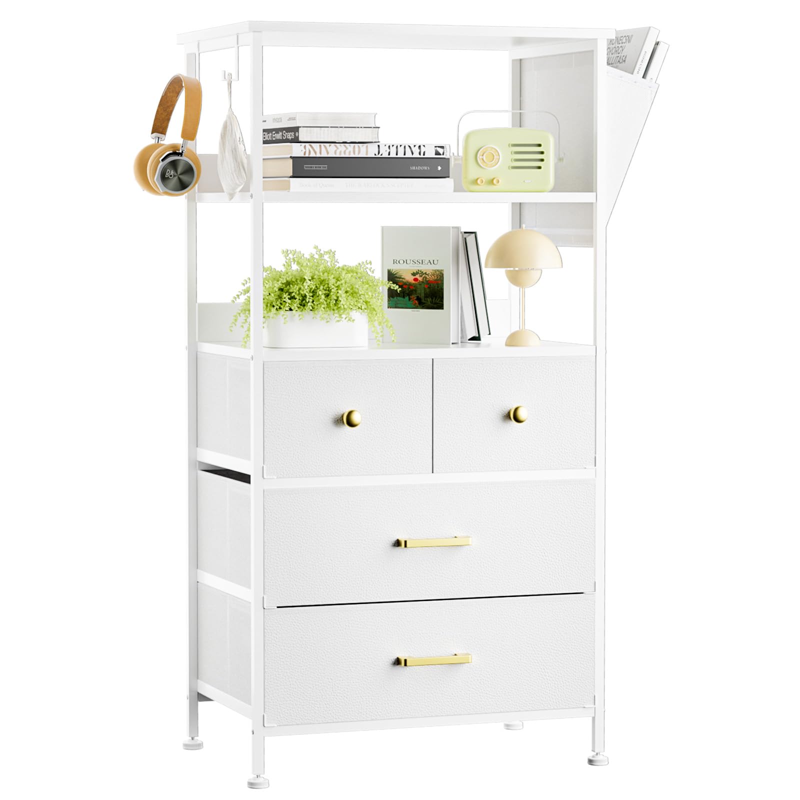 GipGiper 2 Tier Bookshelf with 4 Drawer, Tall Bookcase with Shelves, Wood and Metal Book Shelf Storage Organizer, Book Organizer Shelves for Bedroom,