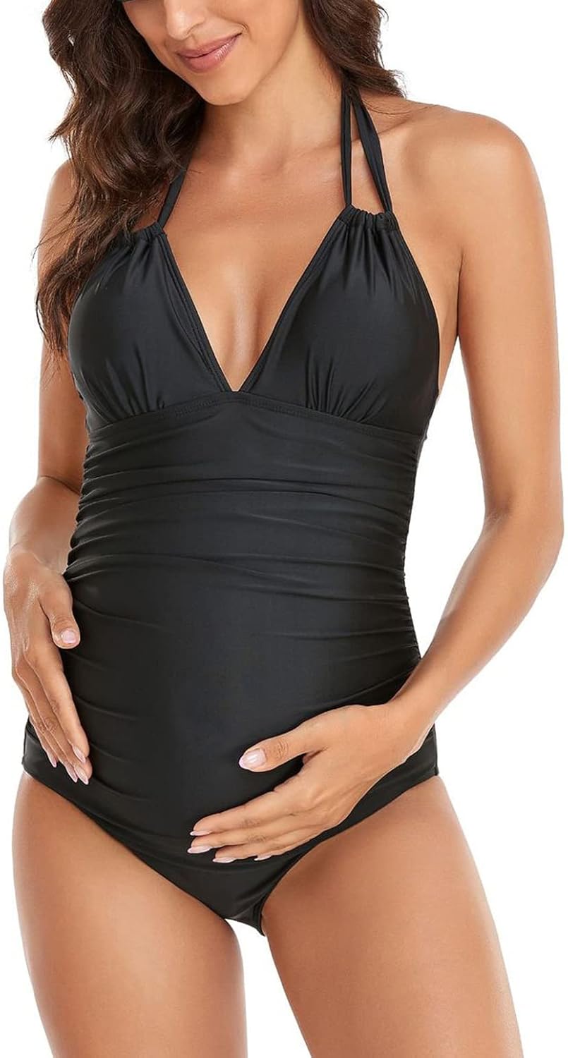 Maternity One Piece Swimsuit Halter V Neck Ruched Tummy Pregnancy Bathing Suit Bikini Beachwear