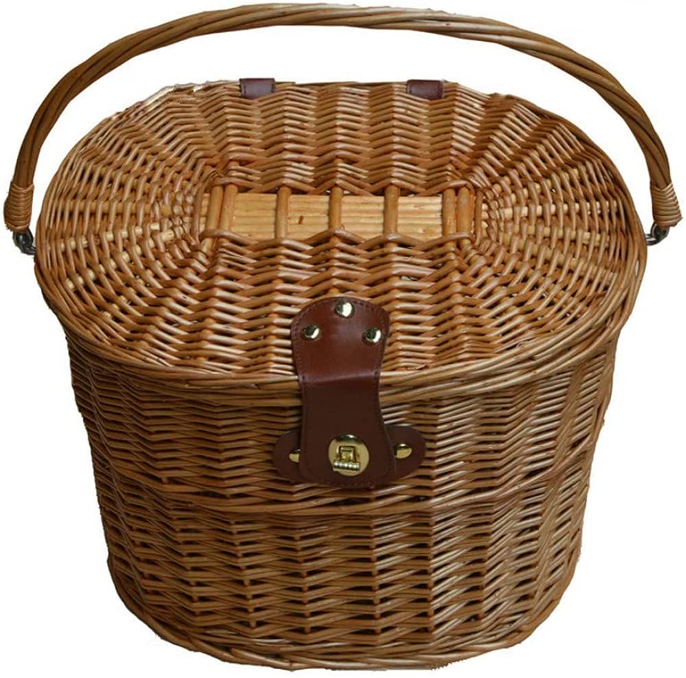 Yzjssl Brown Front Handlebar Wicker Bicycle Basket With Lid, Rattan Willow Hand Woven Basket