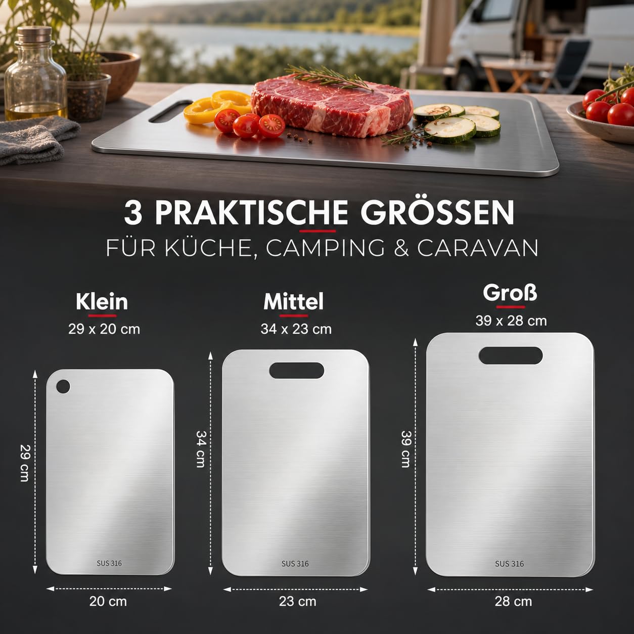 3 Stück Titan Schneidebrett, 304 Edelstahl Schneidebrett, Titanium Cutting Board, 2026 Erstklassige Titan-Schneidebretter, für Die Küche Im Freien Camping Wandern (29x20cm, 34x23cm und 39x28cm)
