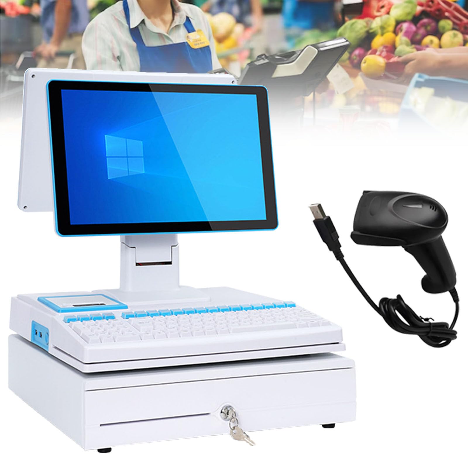 PtaTritious POS Cash Register for Small Business, Cash Register for Retail, with 15.6-inch Touch Screen PC, 58mm High-Speed Printing, for Business and Business, Windows 10 F-8+256GB
