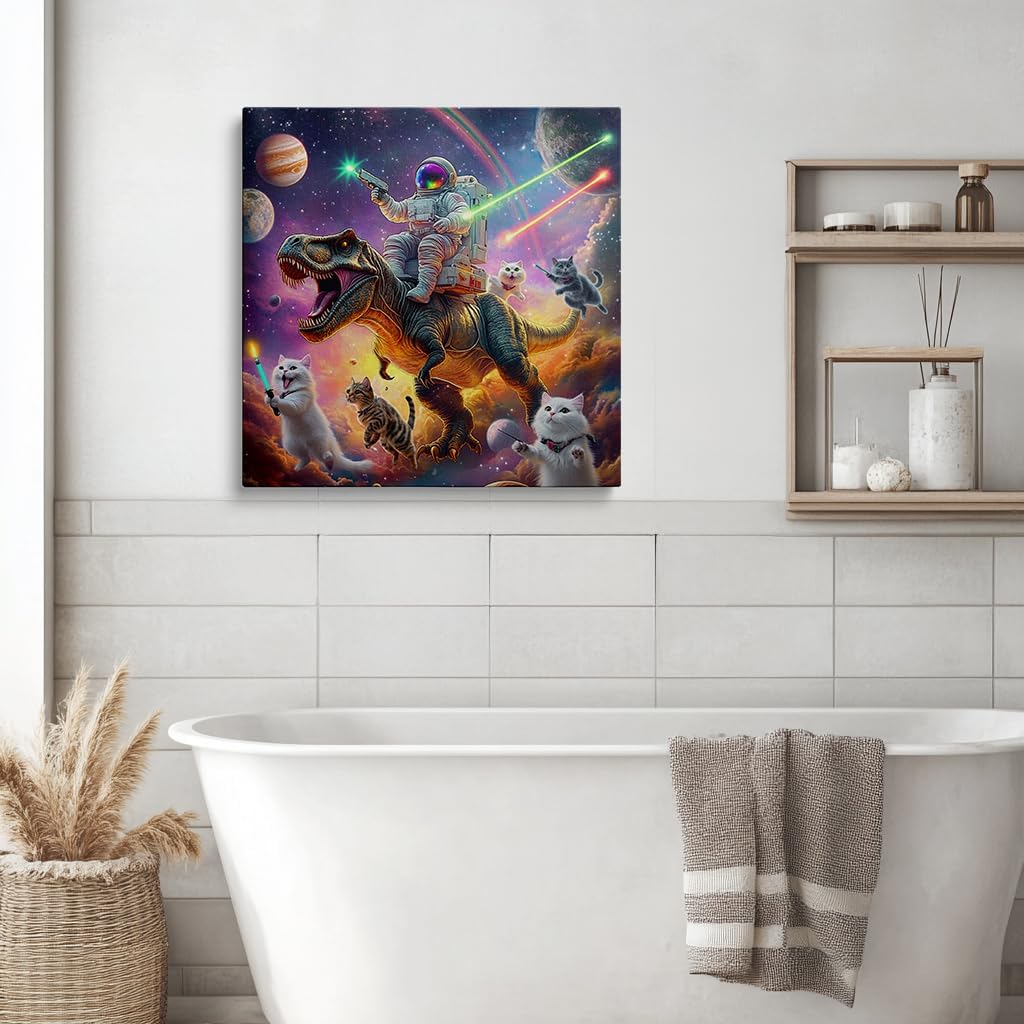 Funny Cat Dinosaur Wall Art Astronaut Outer Space Decor for Boys Room,Cool Galaxy Riding Dinosaur Fantasy Kids Wall Decor Bathroom Bedroom Living Room 20x20 inch Frame