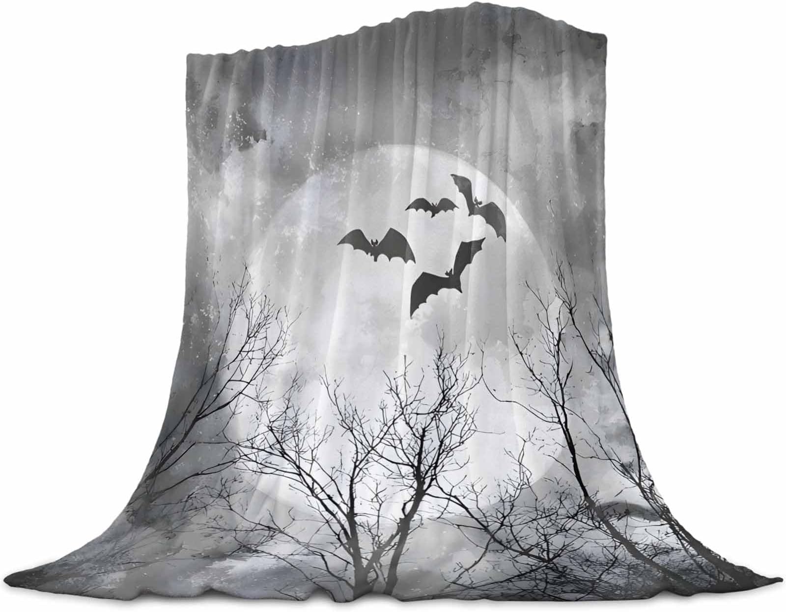 Throw Blanket Halloween Full Moon Night,Warm Soft Plush Lightweight Flannel Fleece Blankets Bat Bare Tree Gray,Microfiber Throws for Bed Sofa Couch Camping All Seasons Use