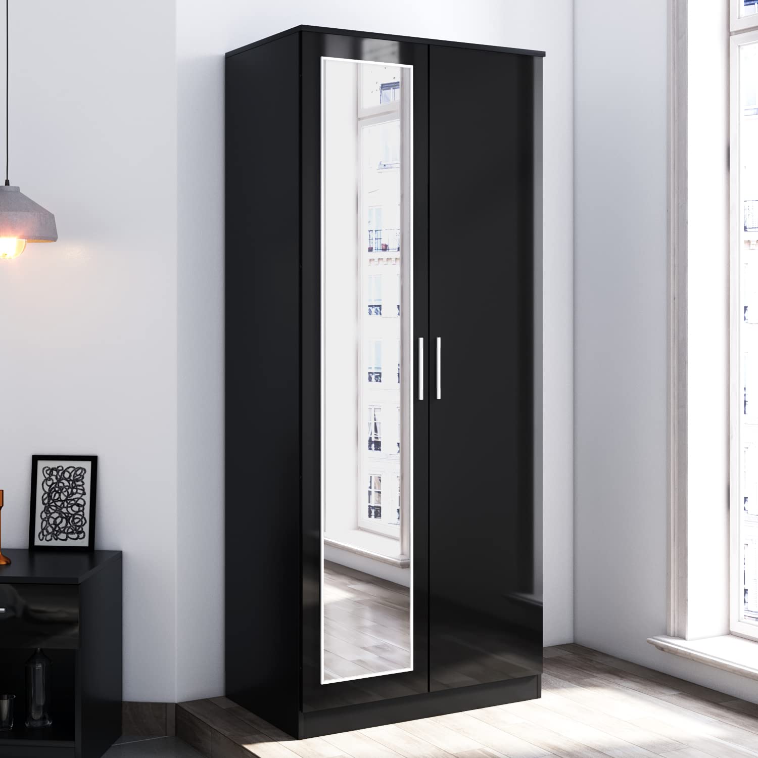 ELEGANT 2 Door Wardrobe with Hanging Rail and Full-length Mirror High Gloss Bedroom Furniture for Home Bedroom, 5 Colors Available