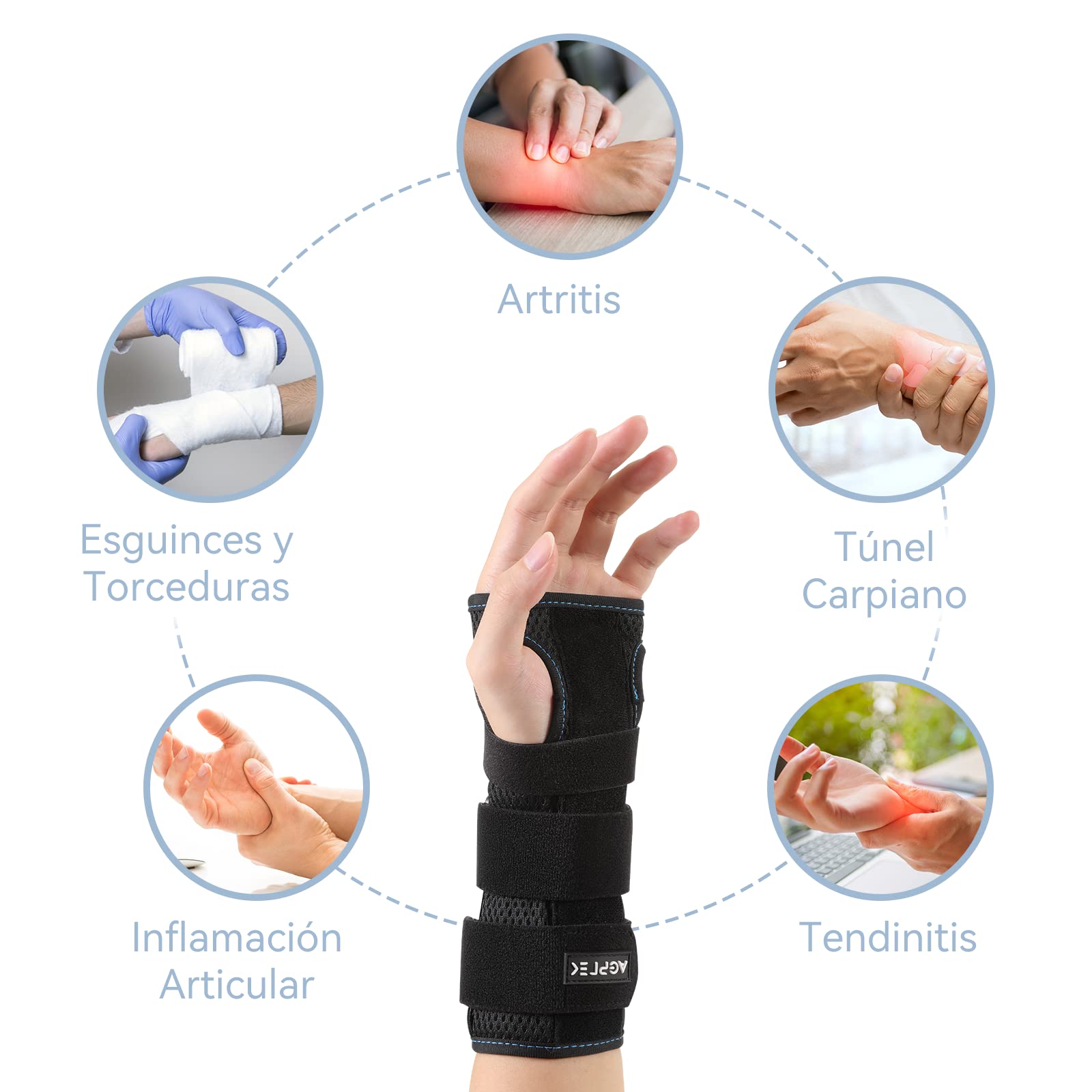 AGPTEK Muñequera Tendinitis Muñeca con 3 Férulas Aluminio Extraíble para Túnel Carpiano, Esguinces y Torceduras, Artritis, Muñequera Metacarpiana para Ambos Manos de 16-23 cm, Negro