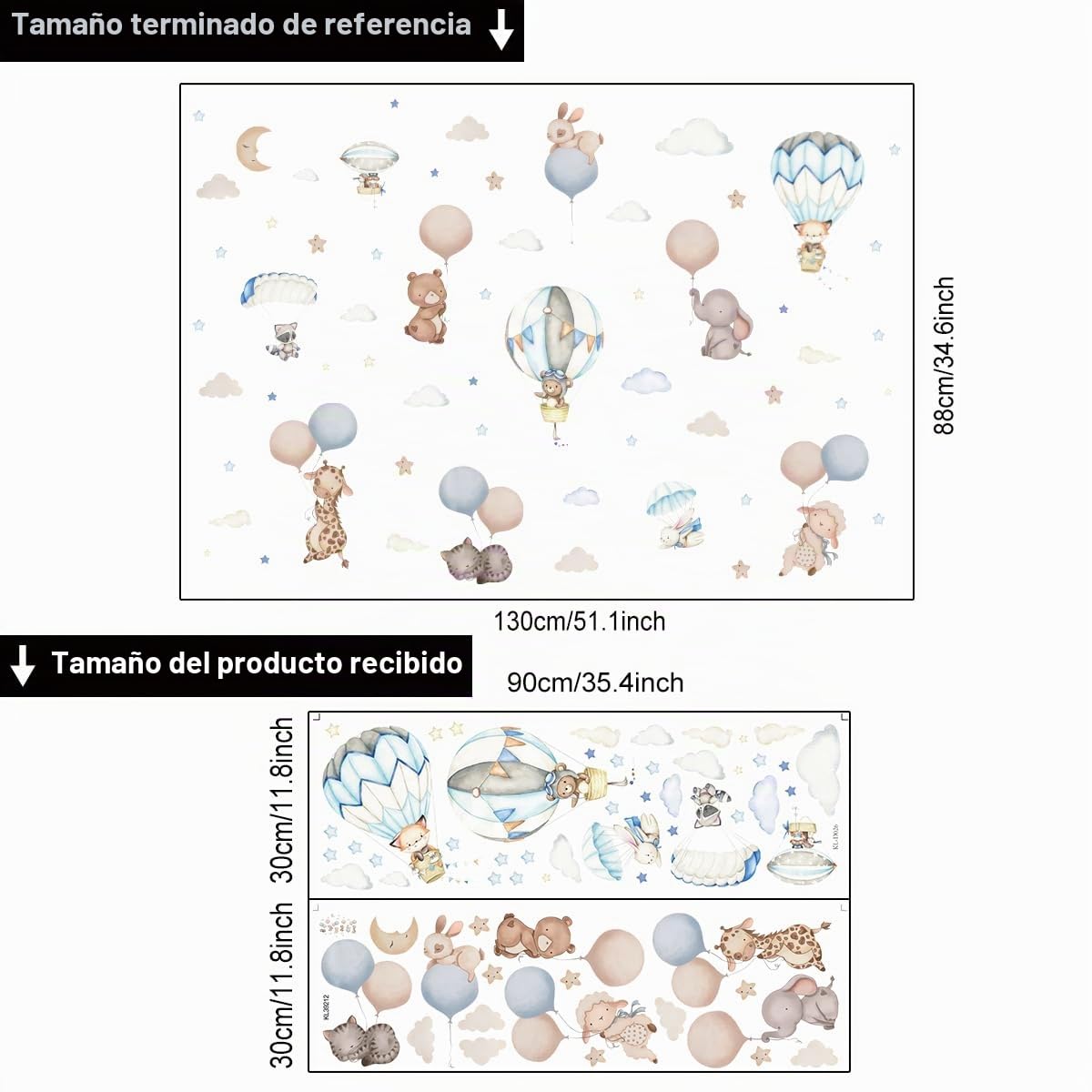 Kibi - Adhesivos de pared para habitación infantil, diseño de animales con globos, decoración mural para niños, nubes y estrellas, 130 x 88 cm, azul y beige