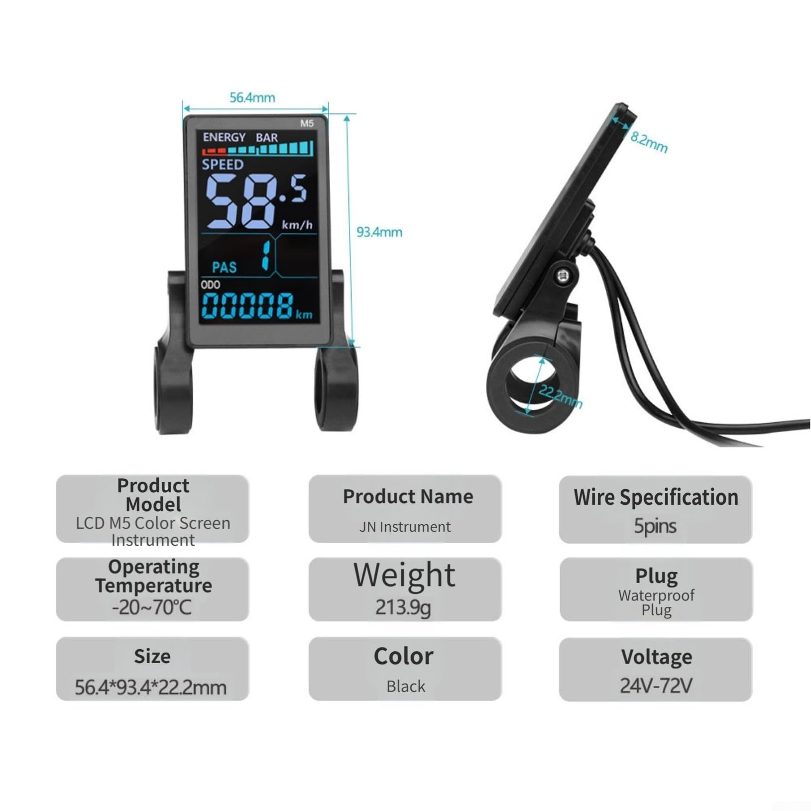 Display LCD per bicicletta elettrica, LCD-M5, 24 V-72 V, pannello strumenti per bici elettrica con protocollo OMD 2, connettore impermeabile a 5 pin, schermo a colori che mostra velocità e livello