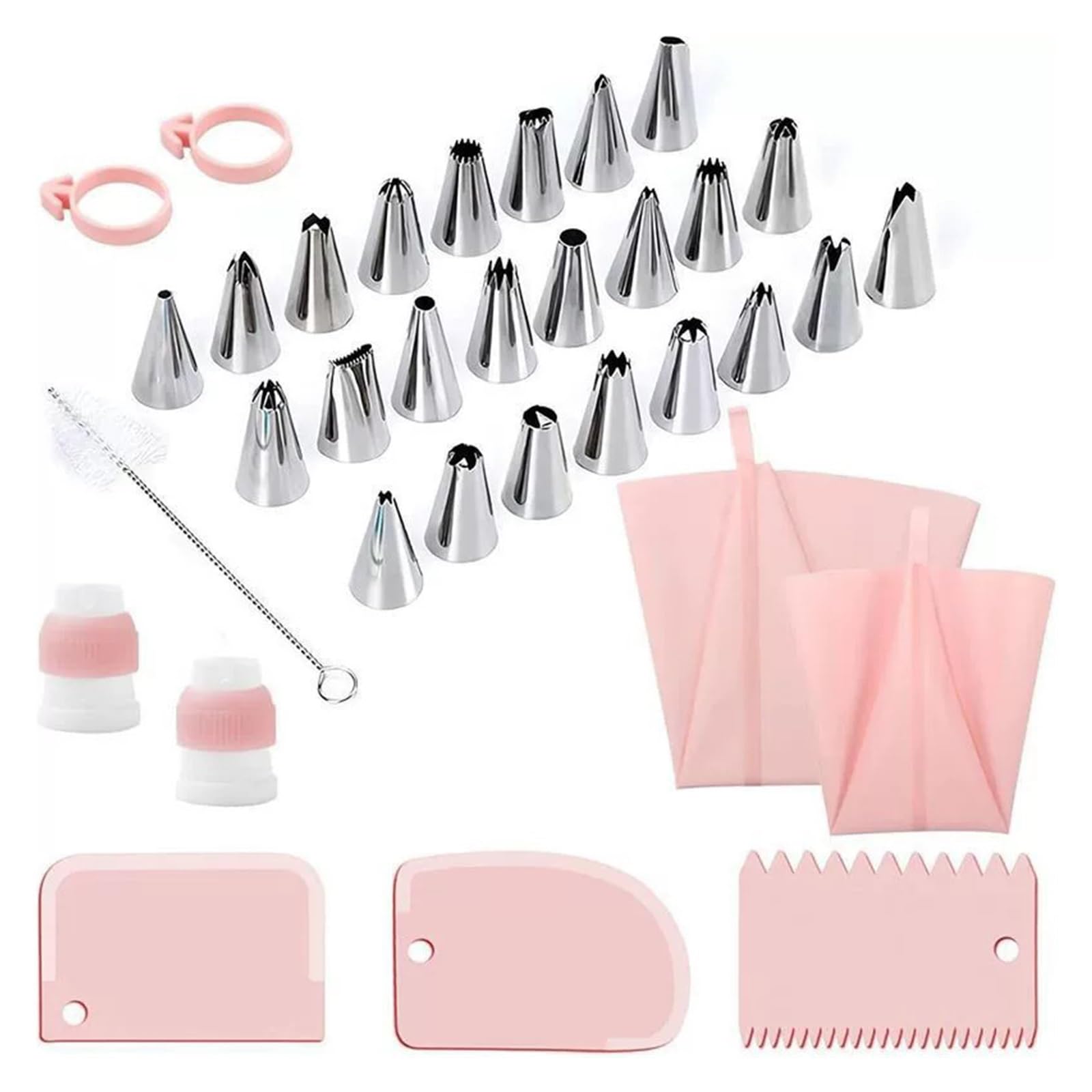 Juego de mangas pasteleras y puntas con boquilla acero inoxidable, herramientas pastelería reutilizables(34PCs Pink)