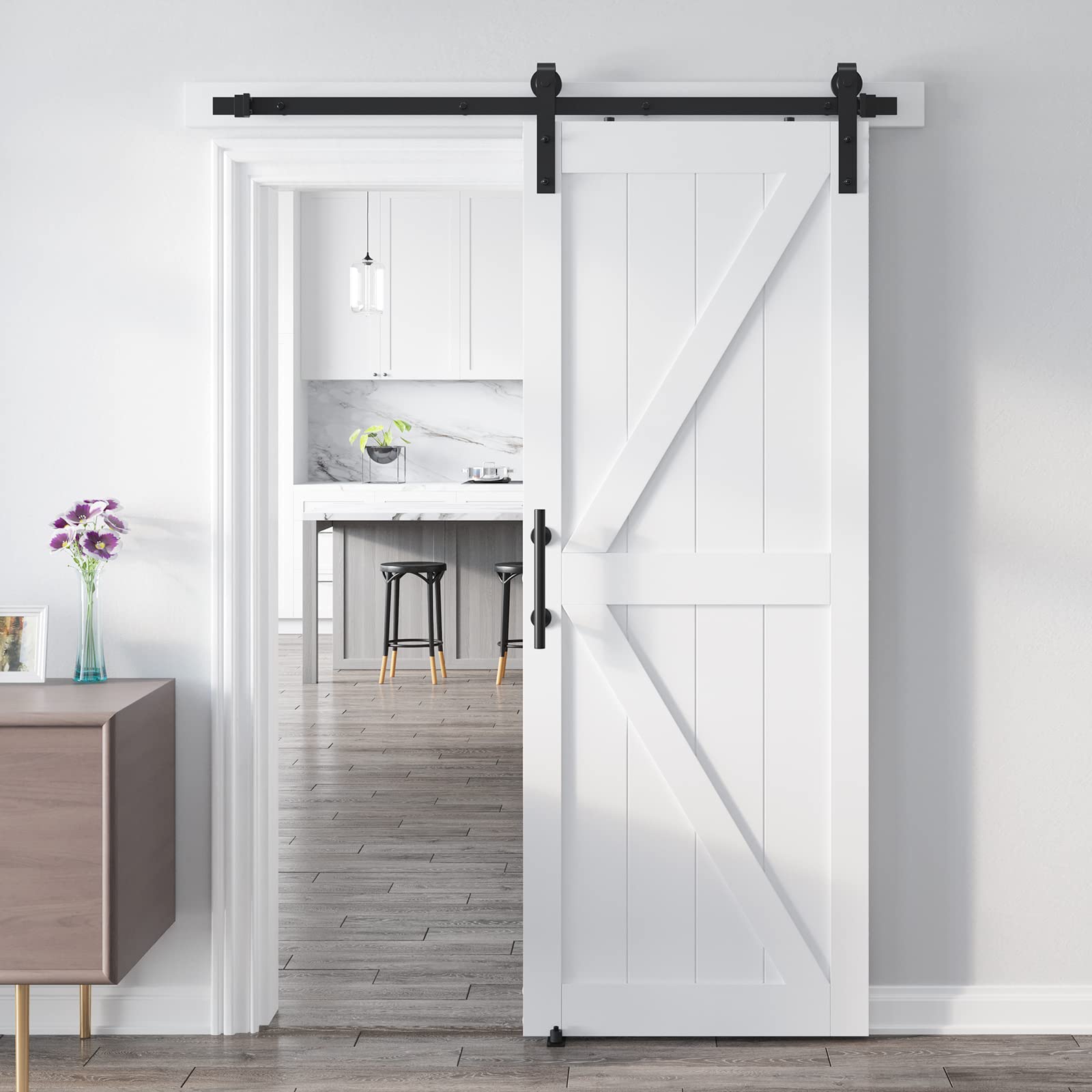 30 x 80in Solid MDF Barn Door(Predrilled & Unassembled Door Panels), with Whole 5ft Sliding Door Hardware Kit, 12in Handle Kit and 2 Floor Guides, PVC Waterproof Coating - White - K Frame