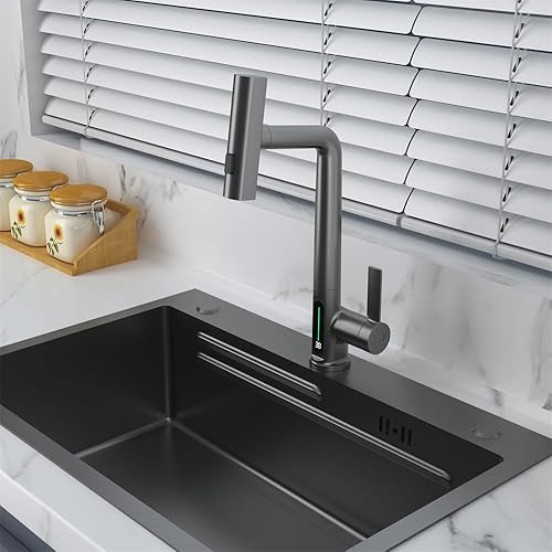 Miniatura 9 de Weirun Grifo extraíble para fregadero de cocina con cabezal de pulverización de lluvia, pantalla digital, mezclador para bar, lavandería, rv,