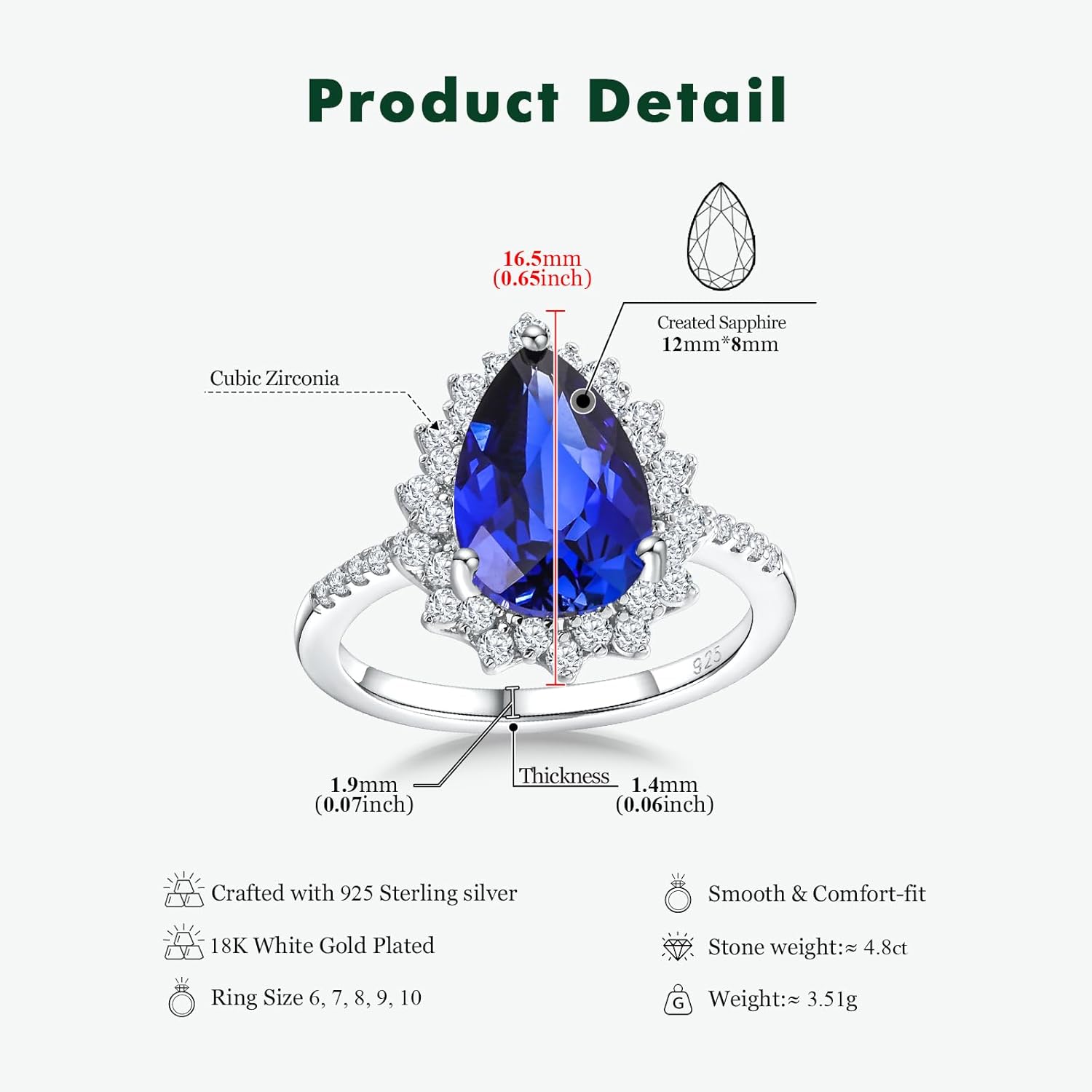 4.5 Carat Teardrop Engagement Birthstone Ring Sterling Silver Pear Cut Sapphire/Ruby/Emerald/Amethyst/Aquamarine Halo Ring Promise Anniversary Rings for Women Size 6-10 - Image 6
