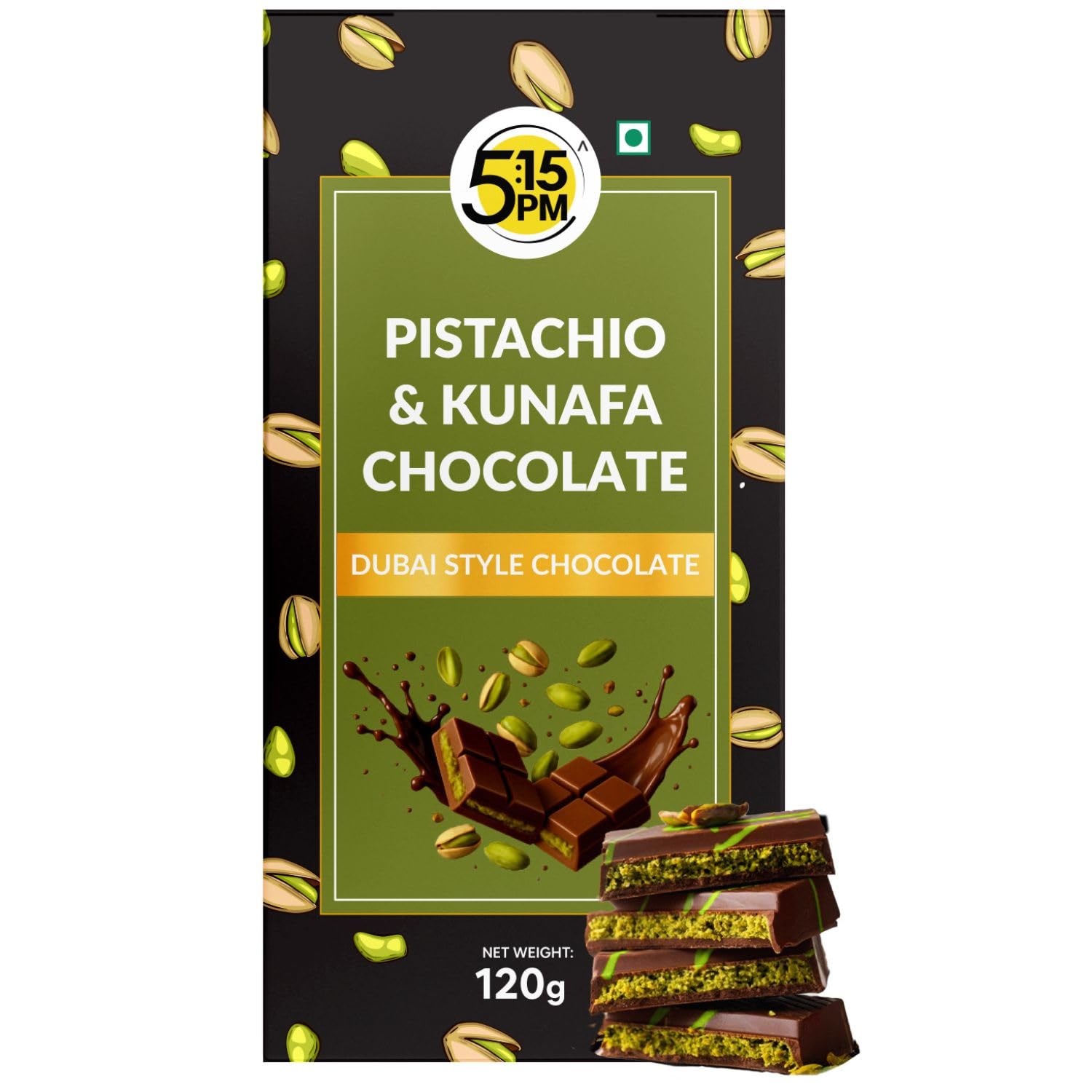 5:15PM Kunafa Chocolate Bar Dubai Style 120gm | Pistachio Kunafa Dubai Chocolate Dessert | Milk Chocolates, Creamy Pistachios & Crunchy Kunafas spread | Dubai Kunafa Chocolate Pistachio – 120gm-image-16