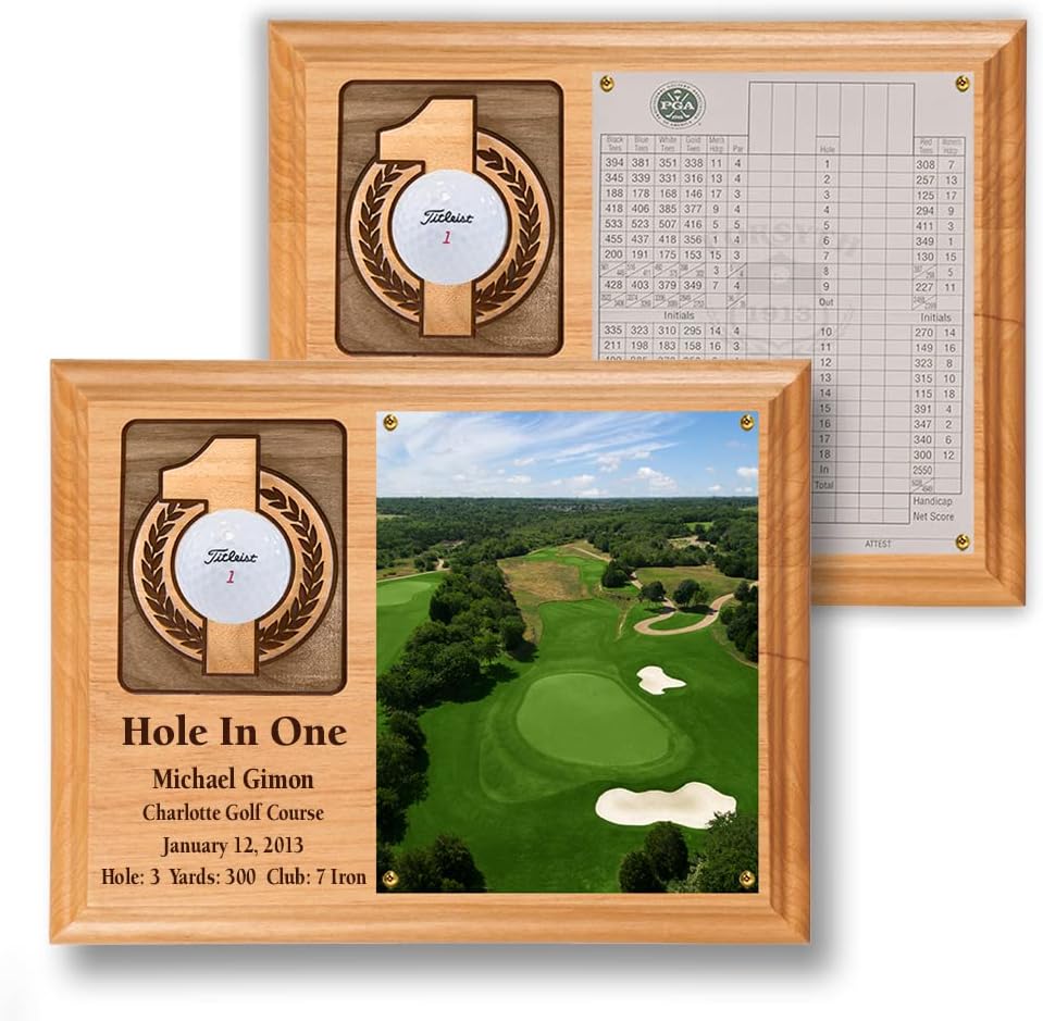 Hole in One Wall Mounted Plaque | Display Your Golf Ball and Scorecard or Photo w/ Acrylic Cover | Personalized Laser Etching | Natural Wood Finish | Vertical Layout