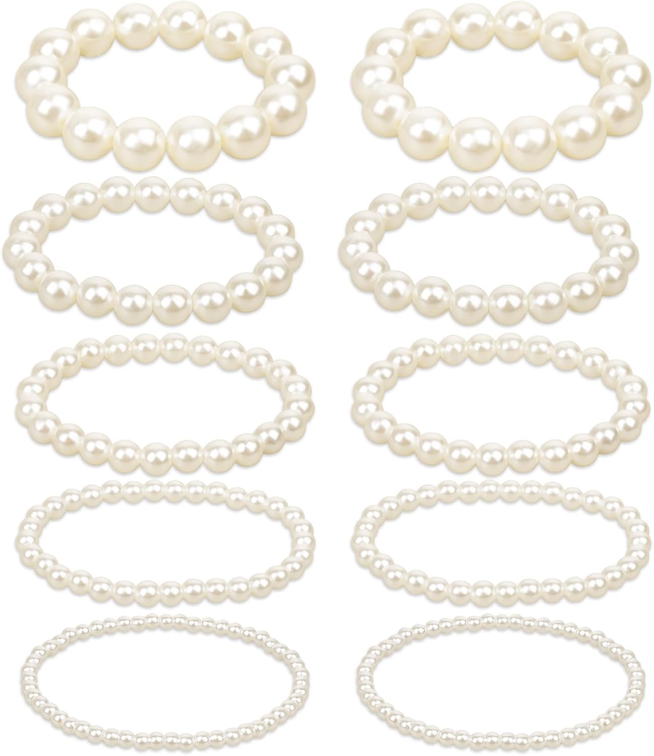 10 Pack White Faux Pearl Stretch Bracelets for Women - Stackable Elastic Beaded Set for Weddings, Bridesmaids & Parties