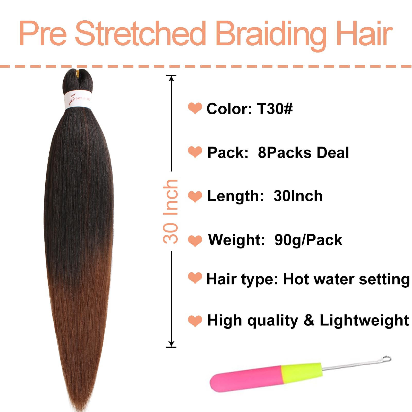 Mscat 30 Inch 8 Packs Pre Stretched Braiding Hair Ombre Brown Pre Stretched Braiding Professional Synthetic Prestretched Crochet Braids Hair Extension Hot Water Setting Yaki Texture (T30#) - Image 2