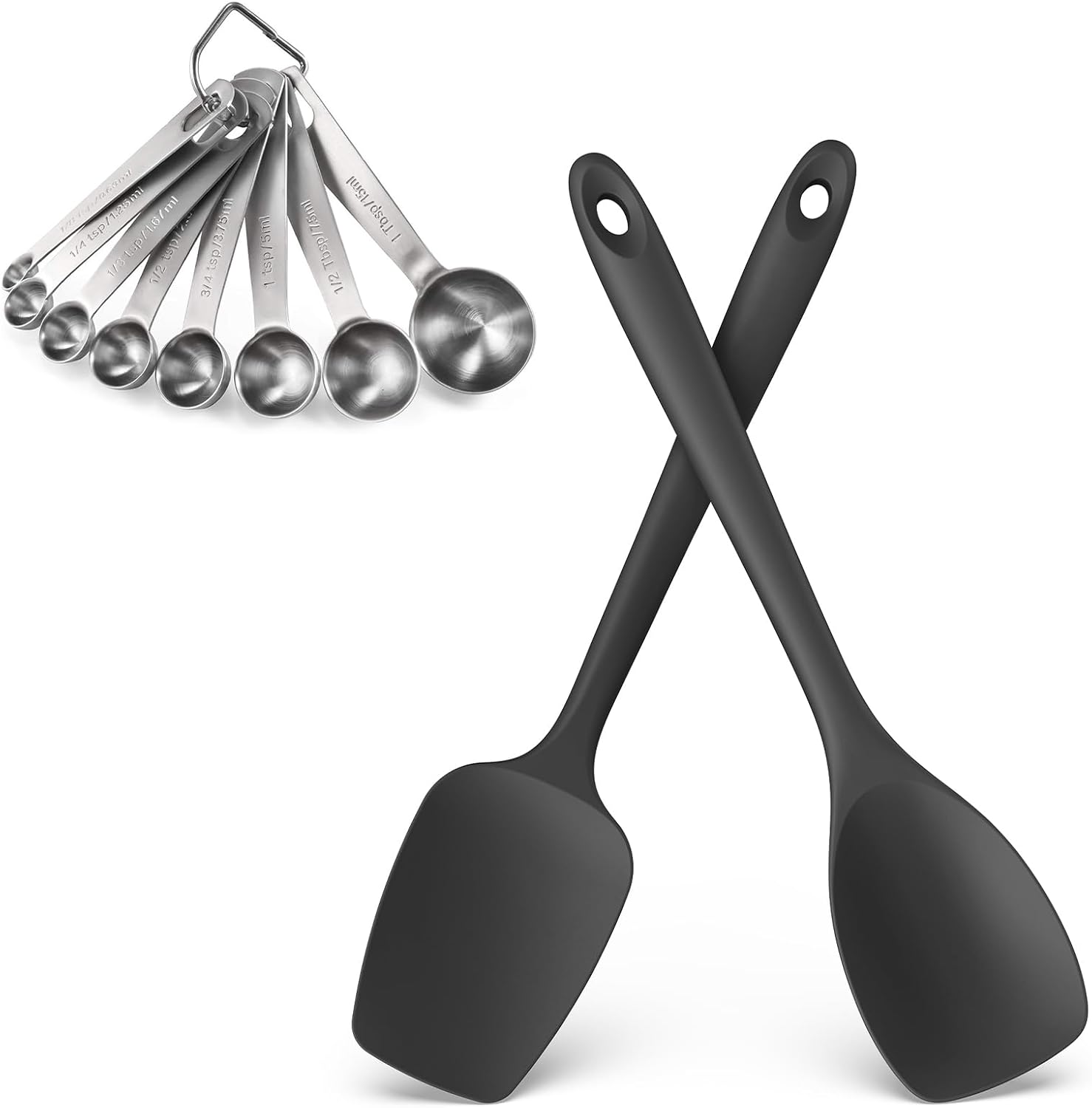 U-Taste 18/8 Stainless Steel Measuring Spoons Set of 8 and 600ºF Heat Resistat Silicone Flexible Baking Spoon Spatula & Cooking Scoop Spoonula (Black)