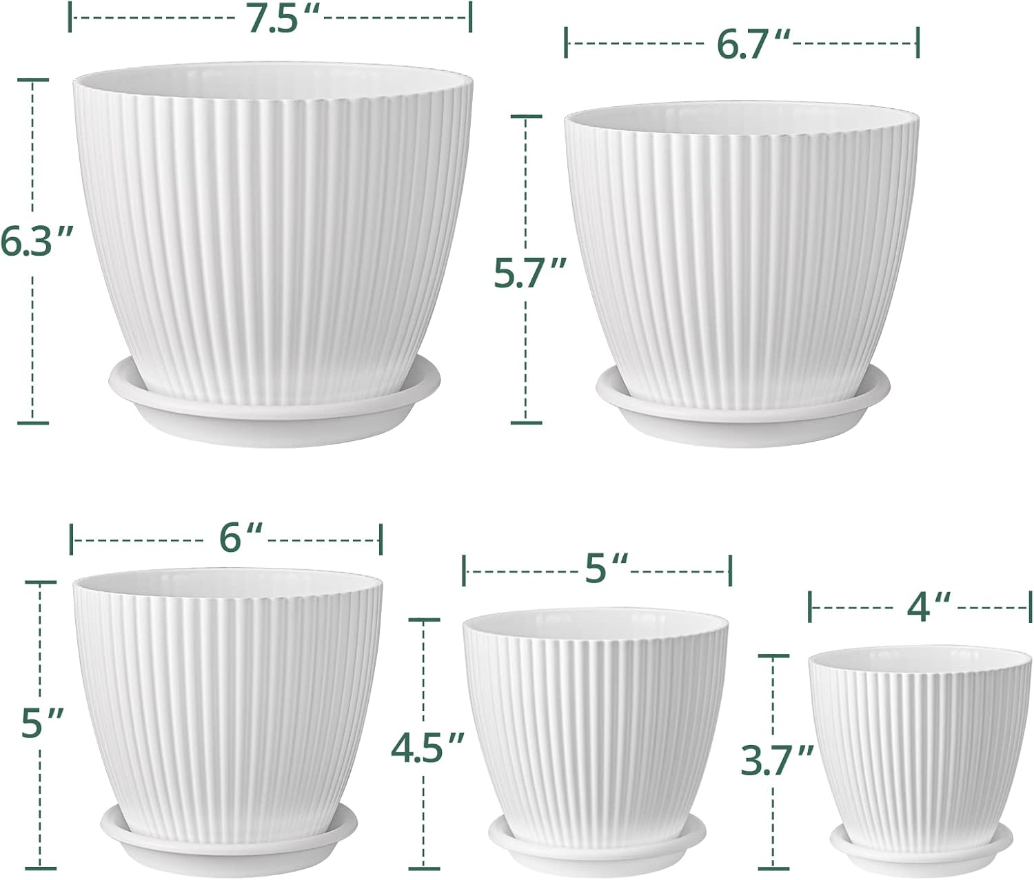Plastic Planter, 7.5/6.7/6/5/4 Inch Flower Plant Pot with Drainage Hole and Tray, Indoor Modern Decorative Planter Pot for All House Plants, Succulents, Cactus, White