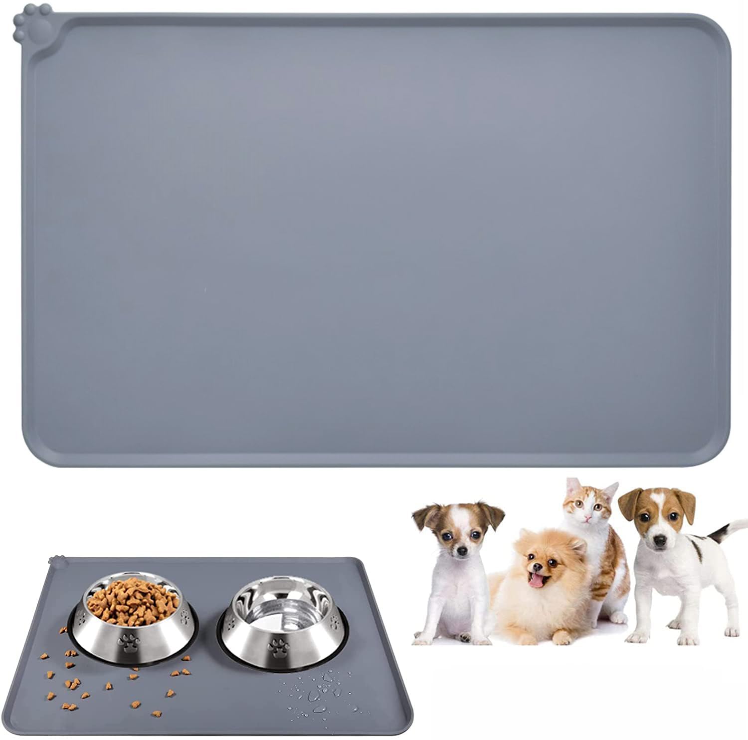 Dog & Cat Feeding Mat, Premium Silicone Waterproof Bowl Mat, Spill Proof Non-Slip Pet Food Placemat with Raised Border, Easy Wash, 19 x 12 Inch-image-38