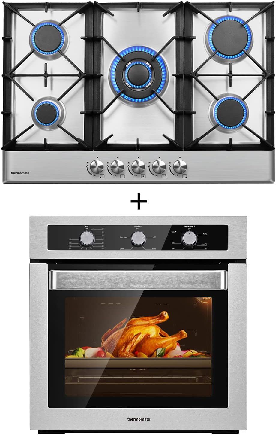 thermomate 24" Built-in Natural Gas Single Wall Oven GSMS605 with 30" Built In Gas Cooktop GHSS775