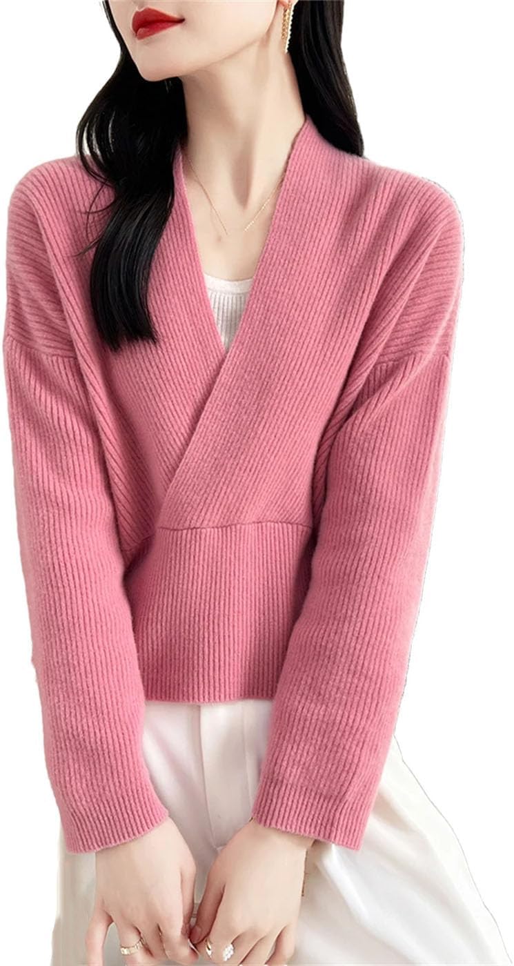Women's 100% Merino Wool Sweater Long Sleeve V-Neck Pullovers Office Elegant Comfortable Knit Tops