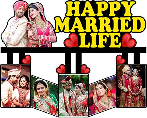 Image of Shrikant Art Personalized inchHappy Married Life inch Multi-Photo Collage Wall Hanging - Large 15x12 Inch Custom Wooden Wedding Frame with 5 Photo Slots and Heart Accents